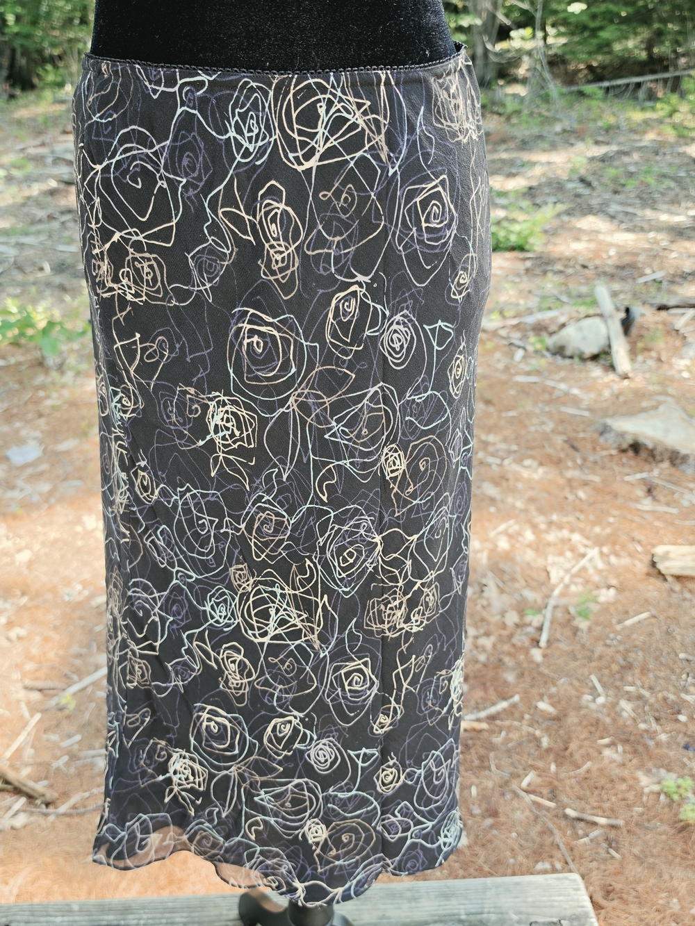 Black Floral Scribble Silk Midi Skirt Size S Whimsigoth Fairy Grunge 90s Art AOP